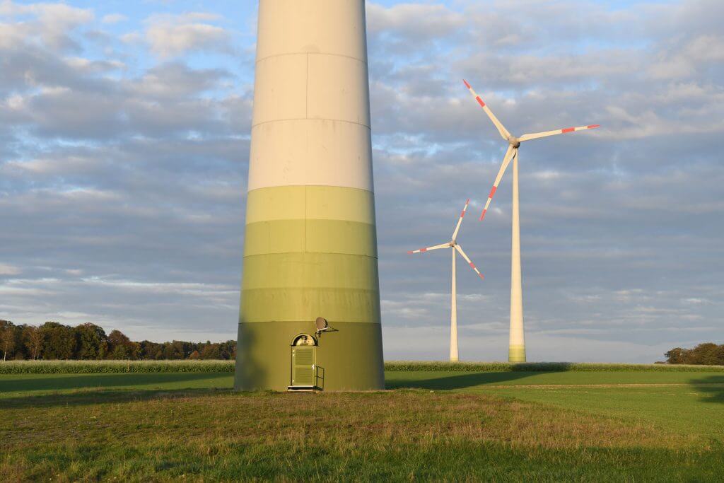 Wiese mit Windrädern